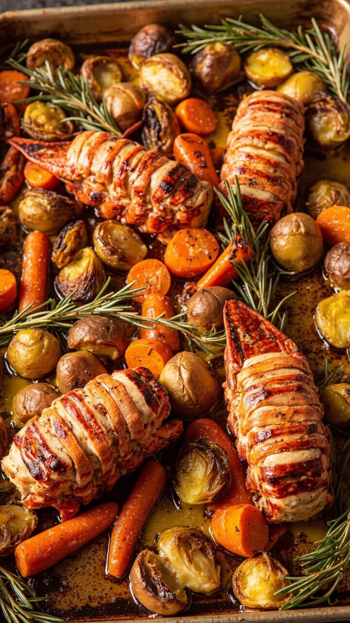 A large rimmed baking sheet covered in roasted lobster tails, carrots, fingerling potatoes, and brussels sprouts, all glistening from olive oil and herbs, scattered with rosemary sprigs and served family-style. A large rimmed baking sheet covered in roasted lobster tails, carrots, fingerling potatoes, and brussels sprouts, all glistening from olive oil and herbs, scattered with rosemary sprigs and served family-style.