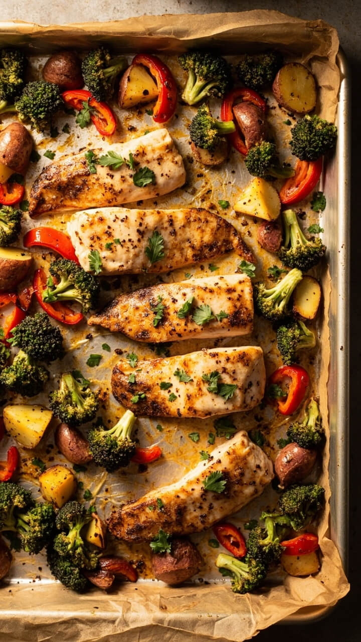 A sheet pan lined with parchment features four catfish fillets surrounded by chunks of roasted potatoes, broccoli florets, and red bell peppers, all lightly browned, with a scattering of chopped parsley. A sheet pan lined with parchment features four catfish fillets surrounded by chunks of roasted potatoes, broccoli florets, and red bell peppers, all lightly browned, with a scattering of chopped parsley.