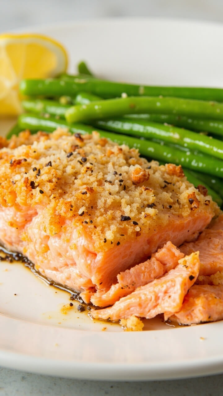 Salmon fillet with a golden-brown Parmesan-panko crust, sliced into serving pieces. On the side are steamed green beans and a wedge of lemon on a classic dinner plate.