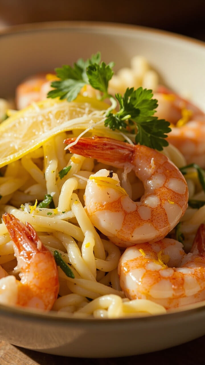 A shallow bowl piled high with creamy orzo, shrimp nestled throughout, flecks of lemon zest and fresh parsley scattered on top. Thin slices of lemon rest on the rim, and a slight sheen of parmesan glistens over the bowl. A shallow bowl piled high with creamy orzo, shrimp nestled throughout, flecks of lemon zest and fresh parsley scattered on top. Thin slices of lemon rest on the rim, and a slight sheen of parmesan glistens over the bowl.