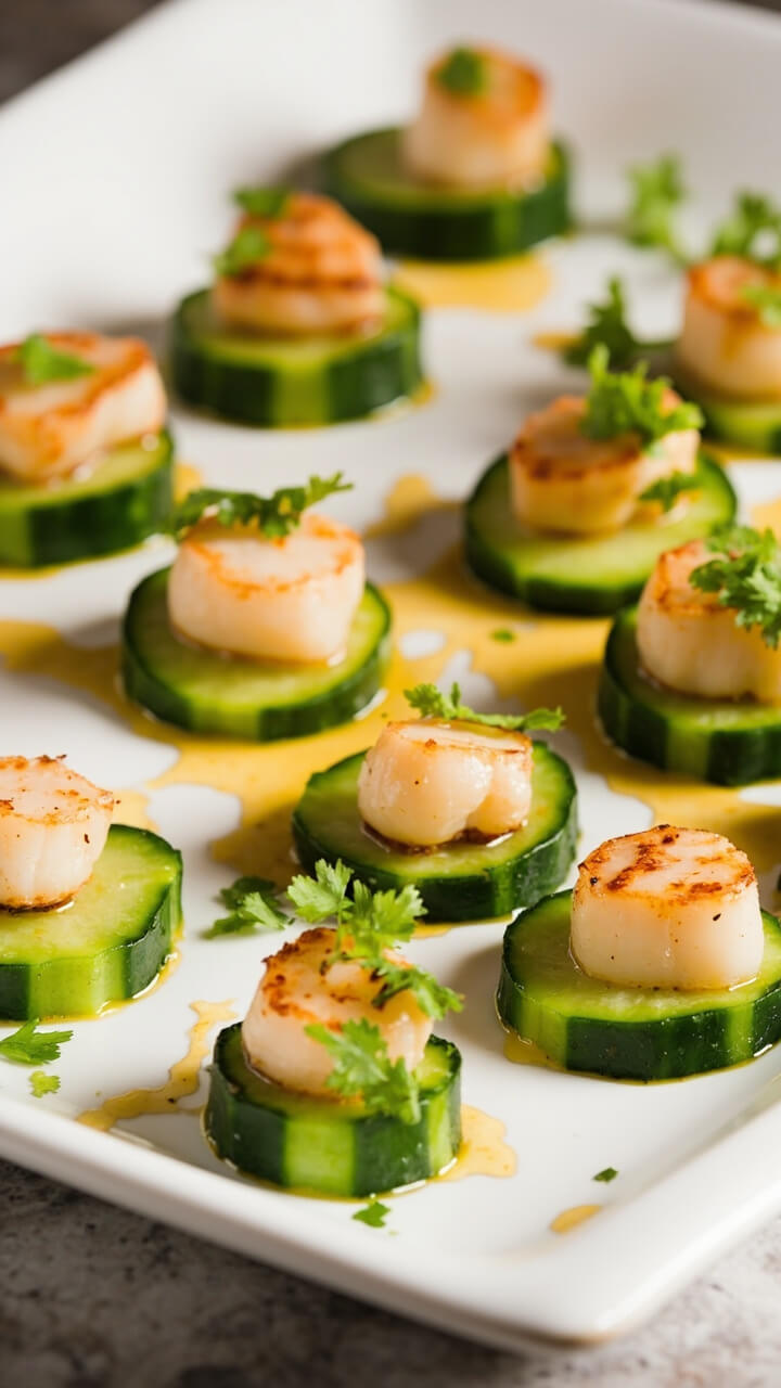 Small, thick-cut cucumber rounds are topped with a single scallop infused with chili-lime flavor, sprinkled with chopped cilantro, all atop a white serving tray, ready for grabbing. Small, thick-cut cucumber rounds are topped with a single scallop infused with chili-lime flavor, sprinkled with chopped cilantro, all atop a white serving tray, ready for grabbing.