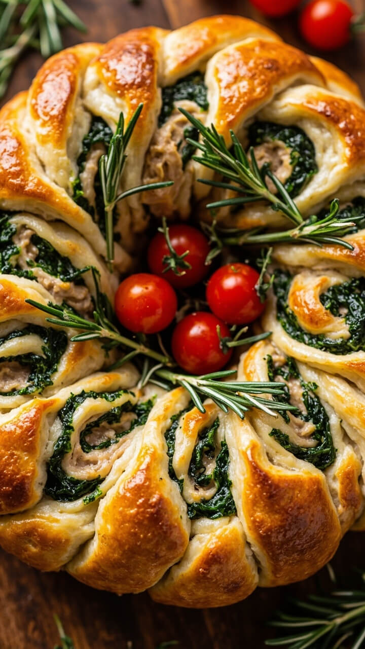 A golden ring of pull-apart bread, twisted into a wreath shape, with visible swirls of green spinach and tuna, baked until lightly browned. It’s garnished in the center with sprigs of rosemary and a handful of cherry tomatoes. A golden ring of pull-apart bread, twisted into a wreath shape, with visible swirls of green spinach and tuna, baked until lightly browned. It’s garnished in the center with sprigs of rosemary and a handful of cherry tomatoes.