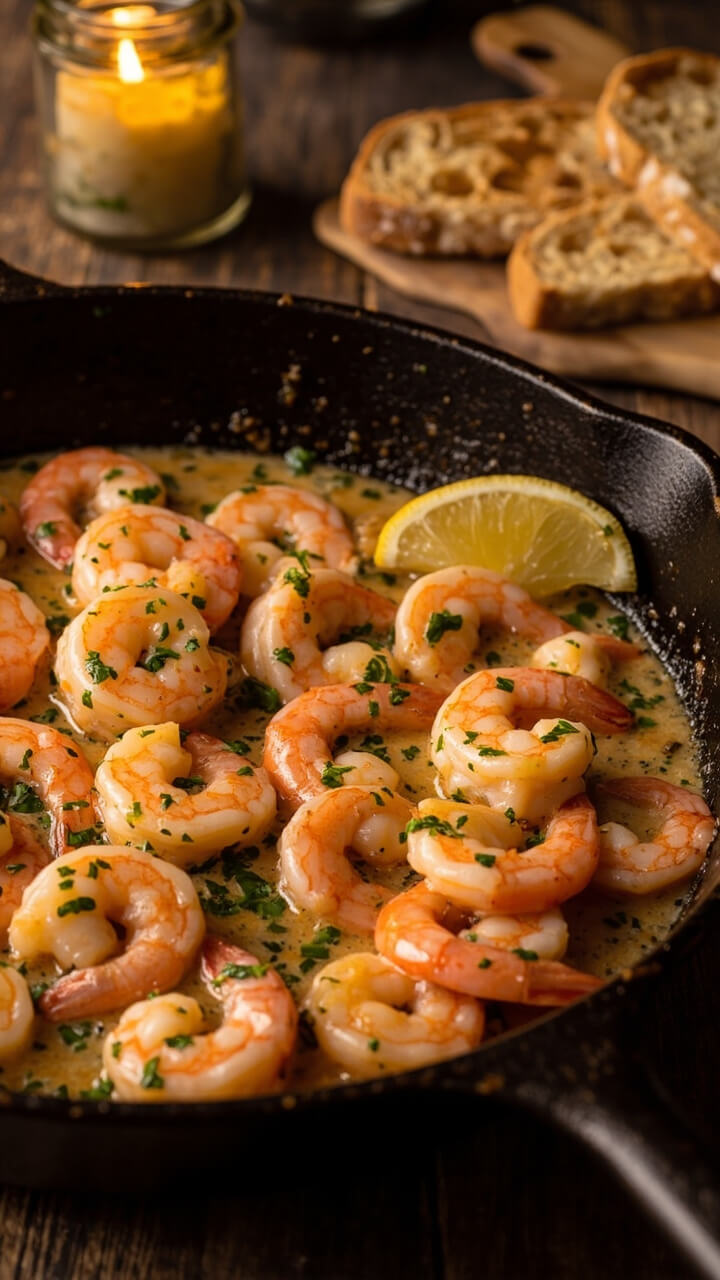 Plump pink shrimp shimmering in a glossy garlic butter sauce with flecks of parsley, served in a cast iron skillet, a wedge of lemon on the side, and slices of rustic bread resting on the table nearby. Plump pink shrimp shimmering in a glossy garlic butter sauce with flecks of parsley, served in a cast iron skillet, a wedge of lemon on the side, and slices of rustic bread resting on the table nearby.