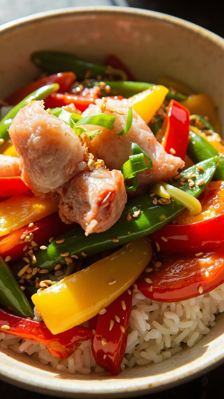 A wide, shallow bowl of glossy sautéed bell peppers, snow peas, and pink langostino lobster, over white jasmine rice, garnished with green onion and sesame seeds.