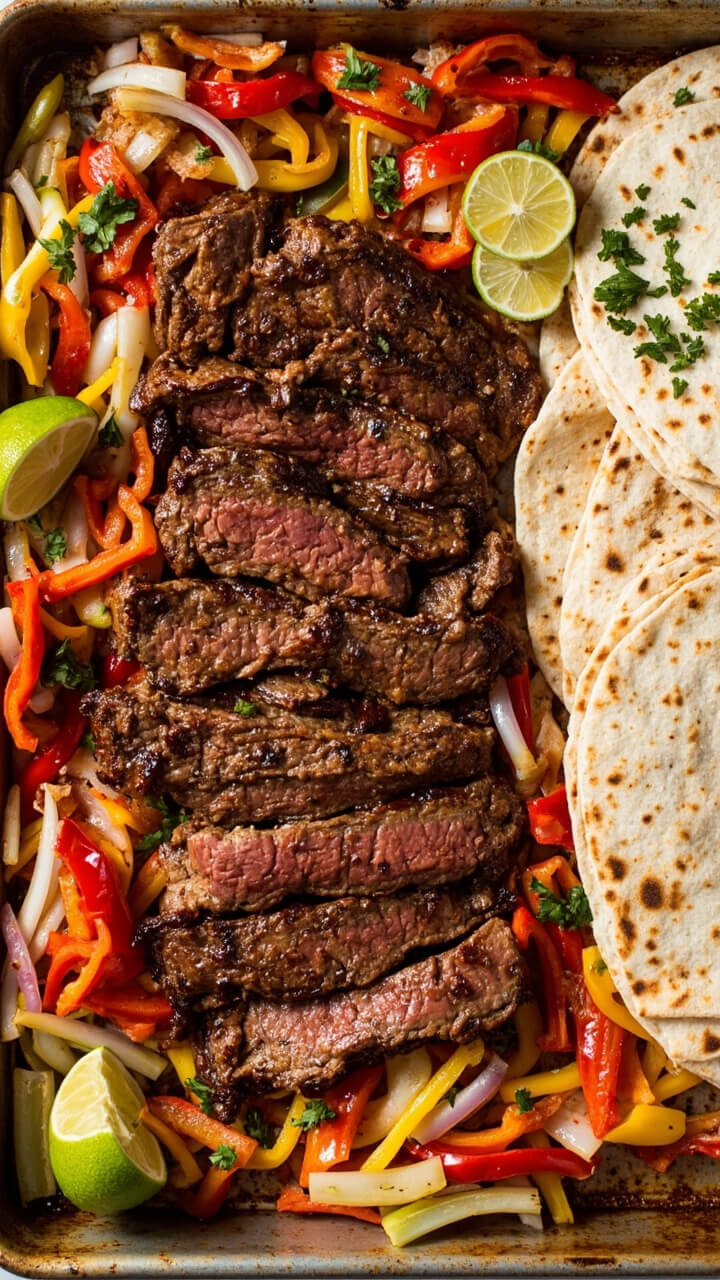 A colorful baking sheet with strips of charred flank steak, red and yellow bell peppers, and onions all piled together. Warm flour tortillas are stacked alongside, sprinkled with chopped cilantro and lime wedges.