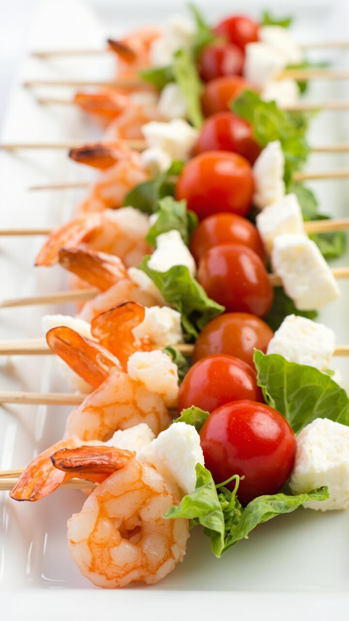 Short wooden skewers threaded with a plump cooked shrimp, cherry tomato, mini mozzarella ball, and bright basil leaf, arranged in rows on a long white platter. Short wooden skewers threaded with a plump cooked shrimp, cherry tomato, mini mozzarella ball, and bright basil leaf, arranged in rows on a long white platter.