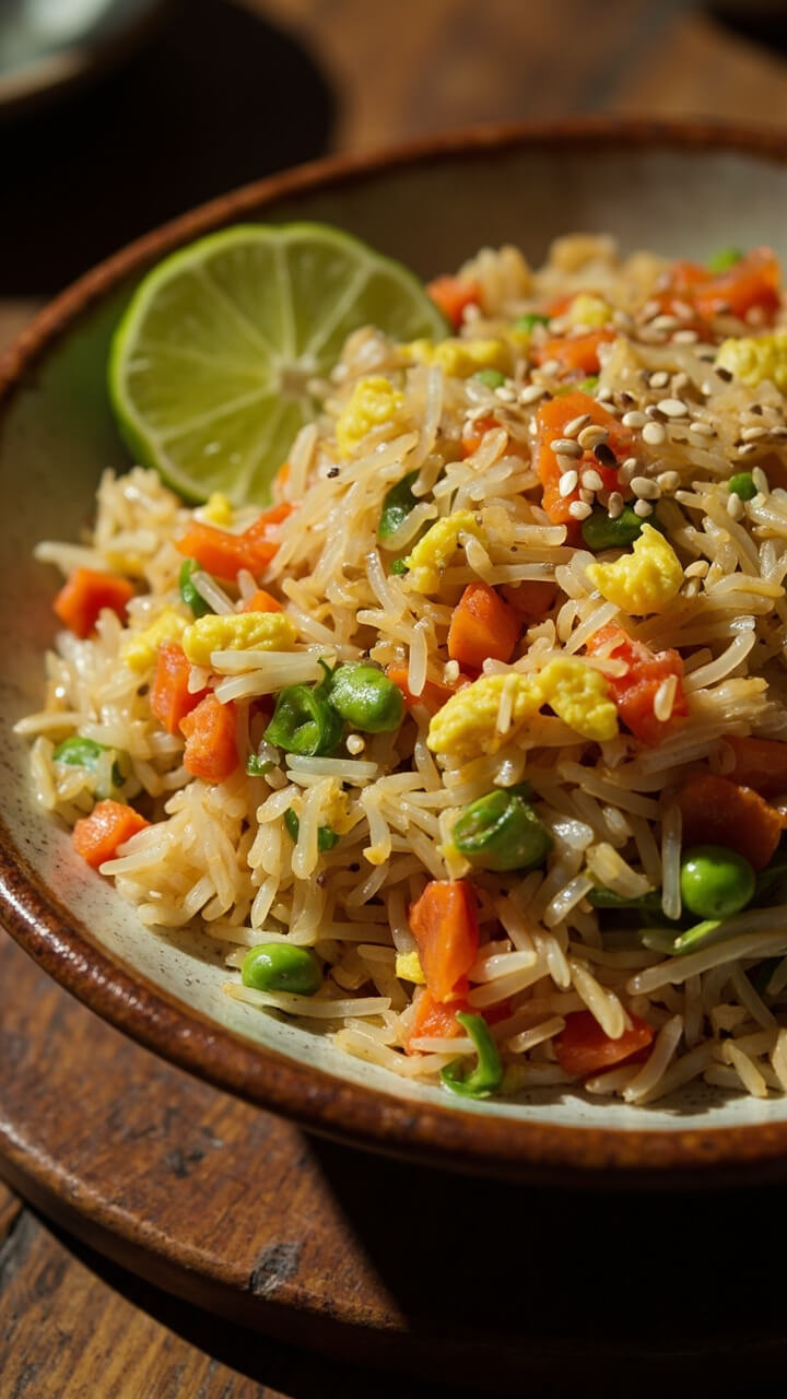 A wide shallow bowl of fried rice featuring colorful diced carrots, peas, chopped scallions, and flecks of scrambled egg, served with a sprinkling of sesame seeds and a wedge of lime. A wide shallow bowl of fried rice featuring colorful diced carrots, peas, chopped scallions, and flecks of scrambled egg, served with a sprinkling of sesame seeds and a wedge of lime.