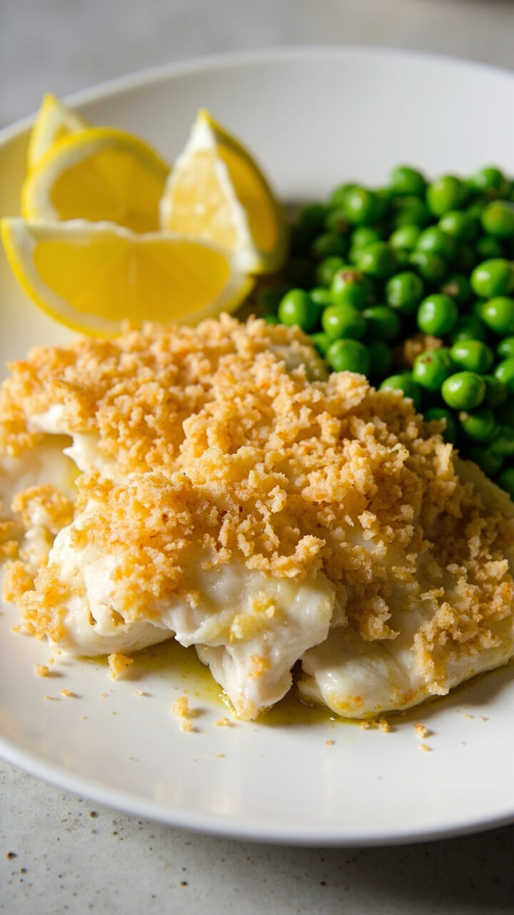 A white ceramic plate with baked cod fillets topped in golden crushed crackers. Lemon wedges and a pile of steamed green peas are on the side. A white ceramic plate with baked cod fillets topped in golden crushed crackers. Lemon wedges and a pile of steamed green peas are on the side.