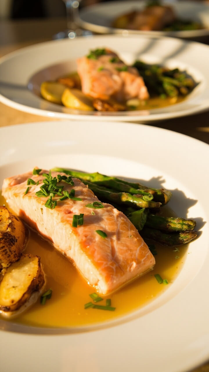 Thick salmon pieces with pale pink color, served on white dinner plates, topped with chopped fresh chives and parsley, resting in a shallow pool of broth. Sliced baby potatoes and roasted asparagus spears complete the scene. Thick salmon pieces with pale pink color, served on white dinner plates, topped with chopped fresh chives and parsley, resting in a shallow pool of broth. Sliced baby potatoes and roasted asparagus spears complete the scene.