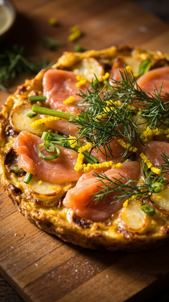 A round, golden frittata studded with pink smoked salmon, sliced potatoes, and bright green scallions. Served on a wooden cutting board, garnished with extra dill and lemon zest.