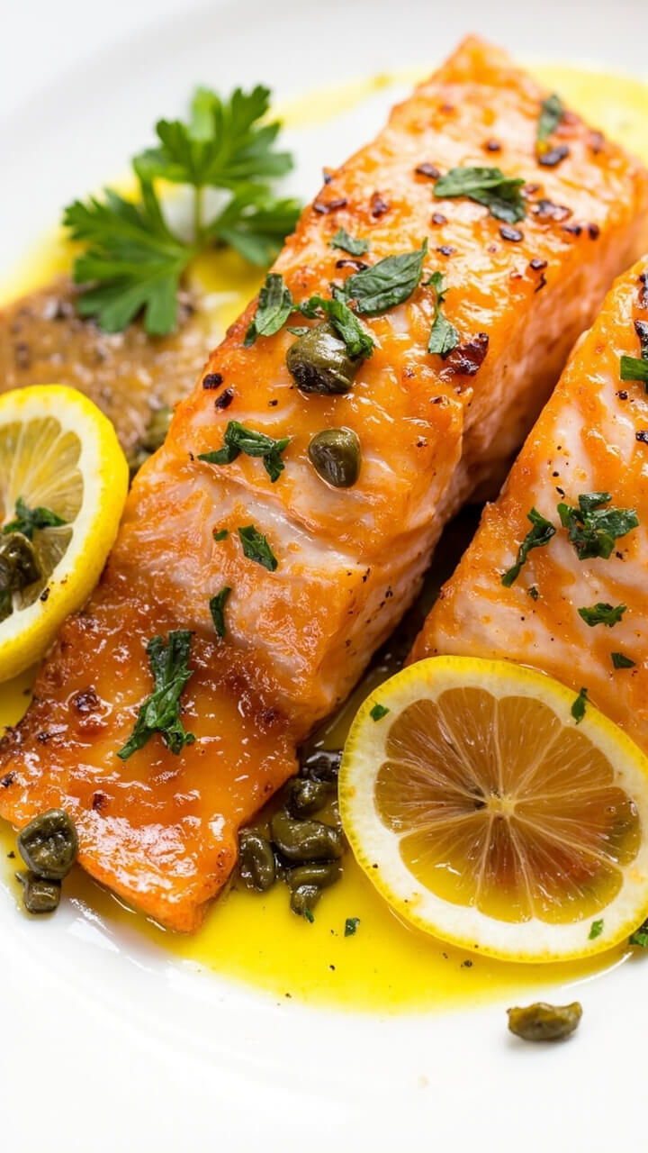 Salmon fillets, crisp and golden on the surface, topped generously with a tangy lemon-caper butter sauce. Edges of lemon slices visible, garnished with parsley, served on a simple white dinner plate with a few extra capers scattered around.