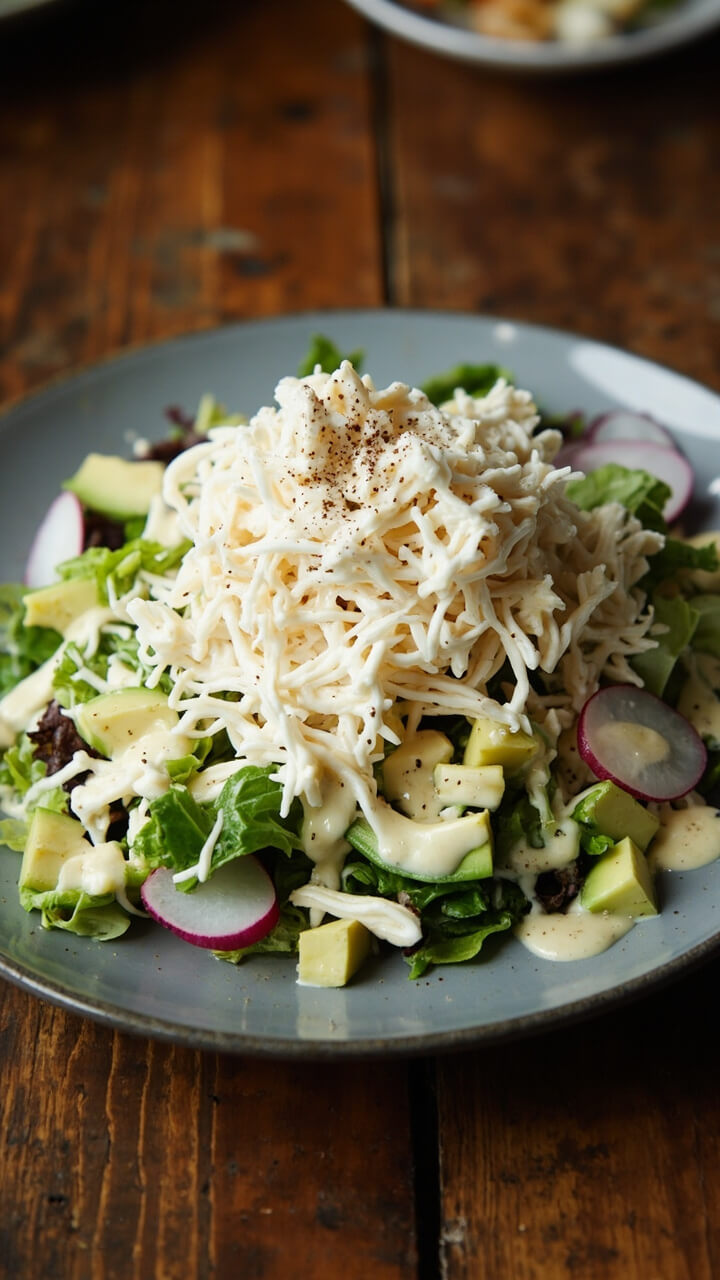 A mound of flaky white crab and diced avocado sits atop crisp mixed greens on a gray ceramic salad plate. Drizzles of creamy lemon dressing, sliced radishes, and a sprinkle of black pepper finish the scene.