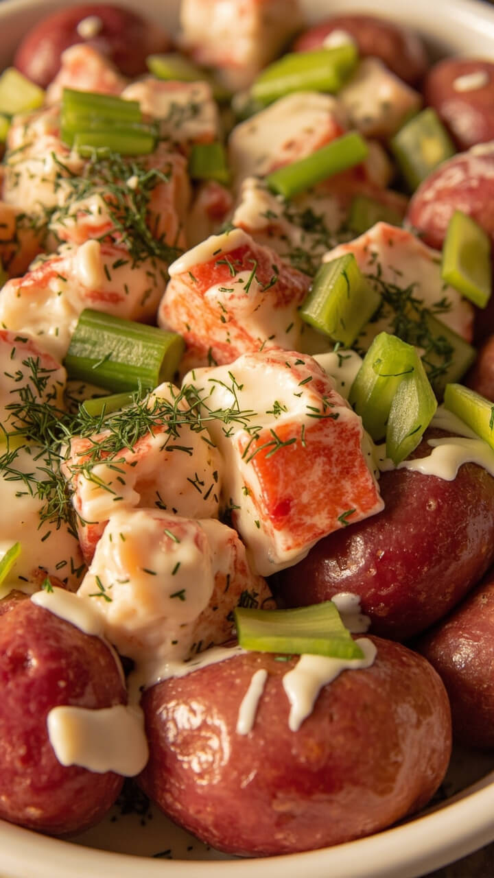 A hearty serving bowl with red-skinned potatoes and lobster meat, creamy dressing, flecks of chopped dill, and sliced green onions, all glistening and sprinkled with extra dill.
