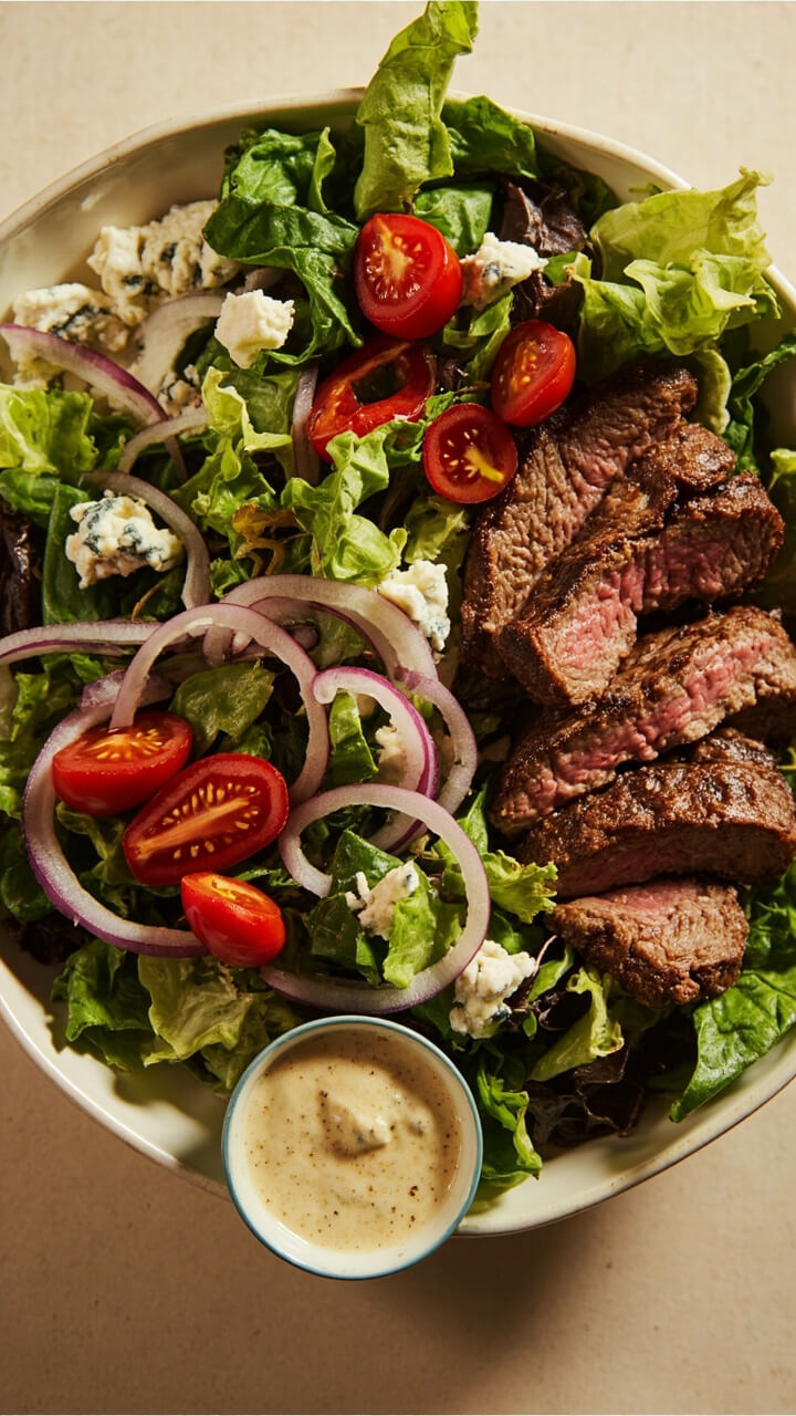 A large salad bowl filled with mixed greens, slices of sirloin steak, halved cherry tomatoes, thin red onion, and a scattering of blue cheese crumbles, with a small ramekin of creamy dressing on the side. A large salad bowl filled with mixed greens, slices of sirloin steak, halved cherry tomatoes, thin red onion, and a scattering of blue cheese crumbles, with a small ramekin of creamy dressing on the side.