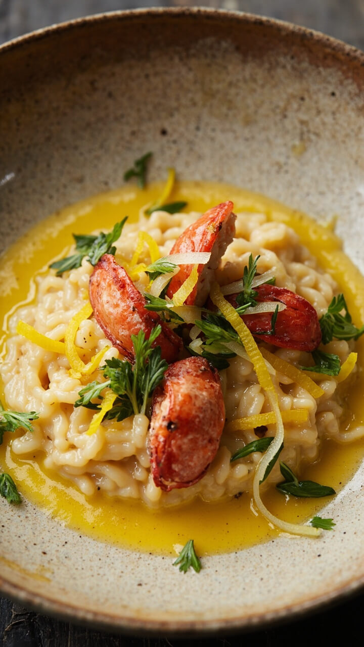 A wide, shallow stoneware bowl filled with creamy risotto, chunks of vibrant red lobster scattered throughout, a scattering of fresh tarragon leaves, curls of lemon zest, and a final drizzle of melted butter around the rim. A wide, shallow stoneware bowl filled with creamy risotto, chunks of vibrant red lobster scattered throughout, a scattering of fresh tarragon leaves, curls of lemon zest, and a final drizzle of melted butter around the rim.