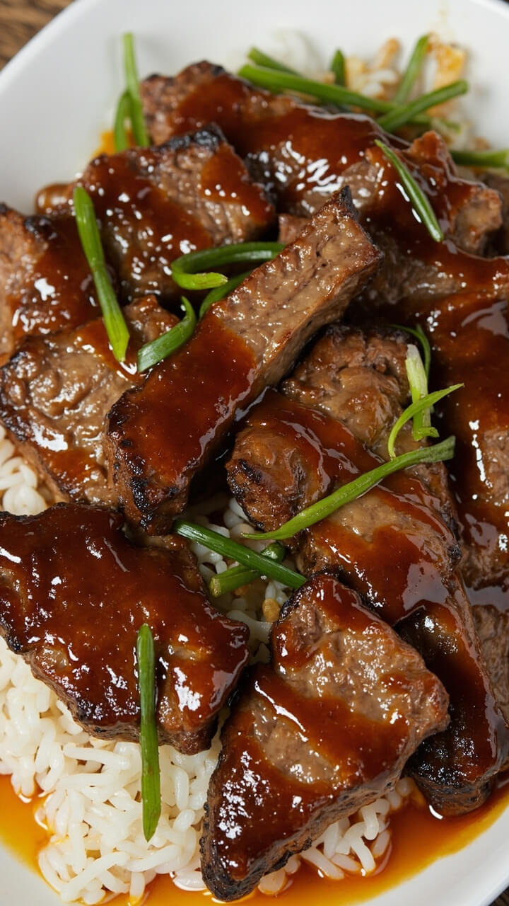 Slices of steak glistening and caramelized around the edges, served atop a mound of steamed rice on a white shallow bowl. Thin diagonals of green onion and a drizzle of extra sauce provide color and shine.
