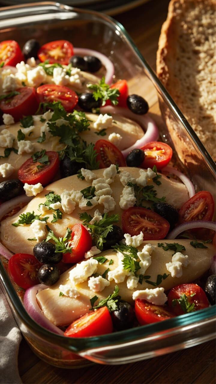 Catfish fillets nestled among cherry tomatoes, black olives, and sliced red onion in a glass baking dish, finished with chopped parsley and crumbled feta, with crusty bread on the side. Catfish fillets nestled among cherry tomatoes, black olives, and sliced red onion in a glass baking dish, finished with chopped parsley and crumbled feta, with crusty bread on the side.