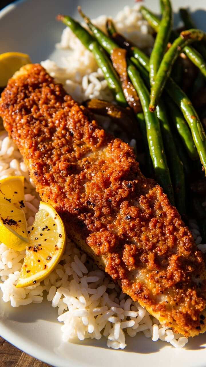 Cajun-seasoned catfish fillets with a reddish, spicy crust, served atop fluffy white rice and a side of sautéed green beans, with charred lemon wedges. Cajun-seasoned catfish fillets with a reddish, spicy crust, served atop fluffy white rice and a side of sautéed green beans, with charred lemon wedges.