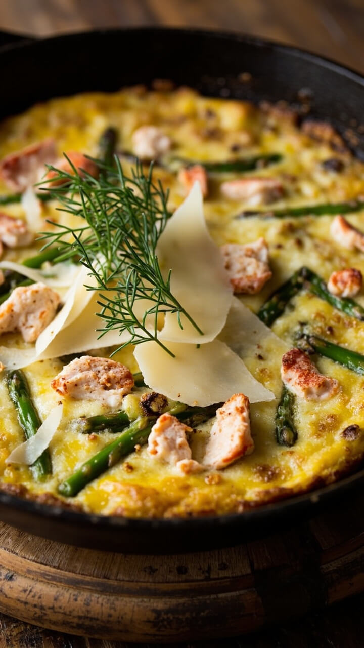 A skillet frittata with visible green asparagus spears and large flakes of crab meat throughout, sliced into wedges. Sprigs of dill and a few shavings of Parmesan are scattered on top, and the skillet sits on a rustic trivet. A skillet frittata with visible green asparagus spears and large flakes of crab meat throughout, sliced into wedges. Sprigs of dill and a few shavings of Parmesan are scattered on top, and the skillet sits on a rustic trivet.