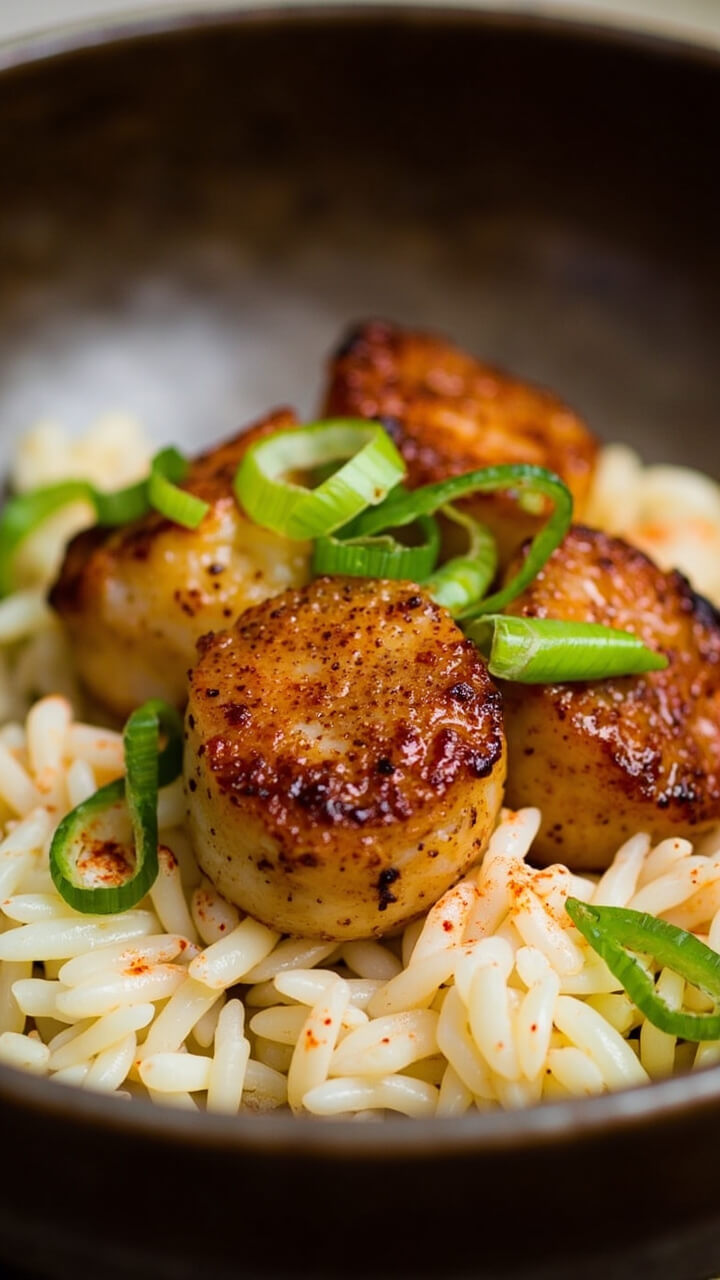 Seared Cajun-spiced scallops served over fluffy white rice, garnished with sliced green onions and a sprinkle of paprika on a deep ceramic dinner bowl.