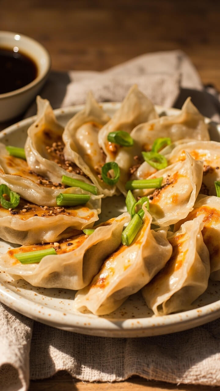 Ten half-moon-shaped rice paper dumplings, crisped and golden brown, are stacked on a speckled plate with a small bowl of soy dipping sauce. Scattered sliced green onions and a sprinkling of sesame seeds top the dumplings. A linen napkin sits nearby.