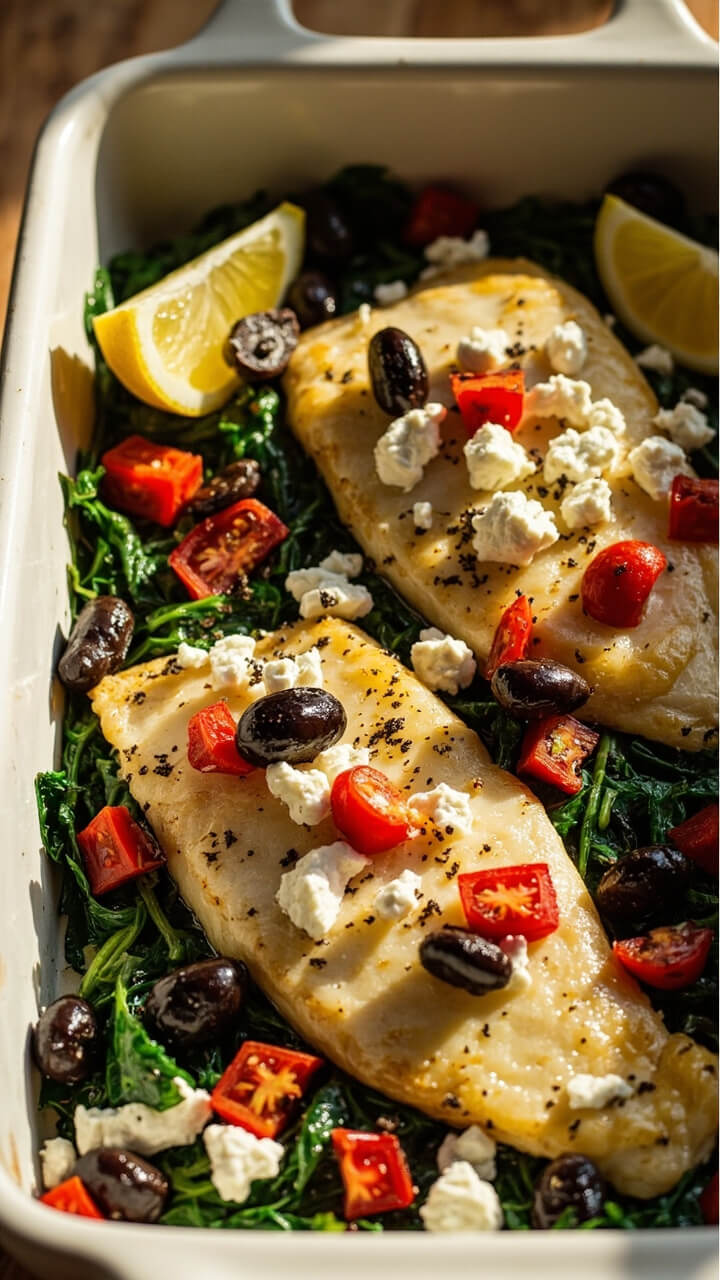 Baked cod fillets layered over a bed of wilted spinach, topped with crumbly feta, diced tomatoes, and olives in a white baking dish. A sprinkle of oregano and a couple lemon wedges decorate the corners. Baked cod fillets layered over a bed of wilted spinach, topped with crumbly feta, diced tomatoes, and olives in a white baking dish. A sprinkle of oregano and a couple lemon wedges decorate the corners.