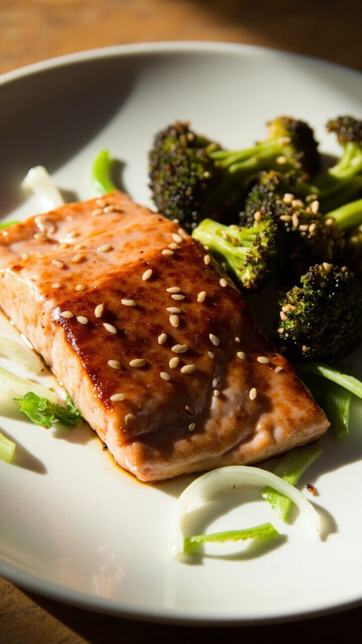 Miso-glazed salmon fillet on a white plate beside roasted broccoli tossed with toasted sesame seeds, garnished with sliced scallions. Miso-glazed salmon fillet on a white plate beside roasted broccoli tossed with toasted sesame seeds, garnished with sliced scallions.