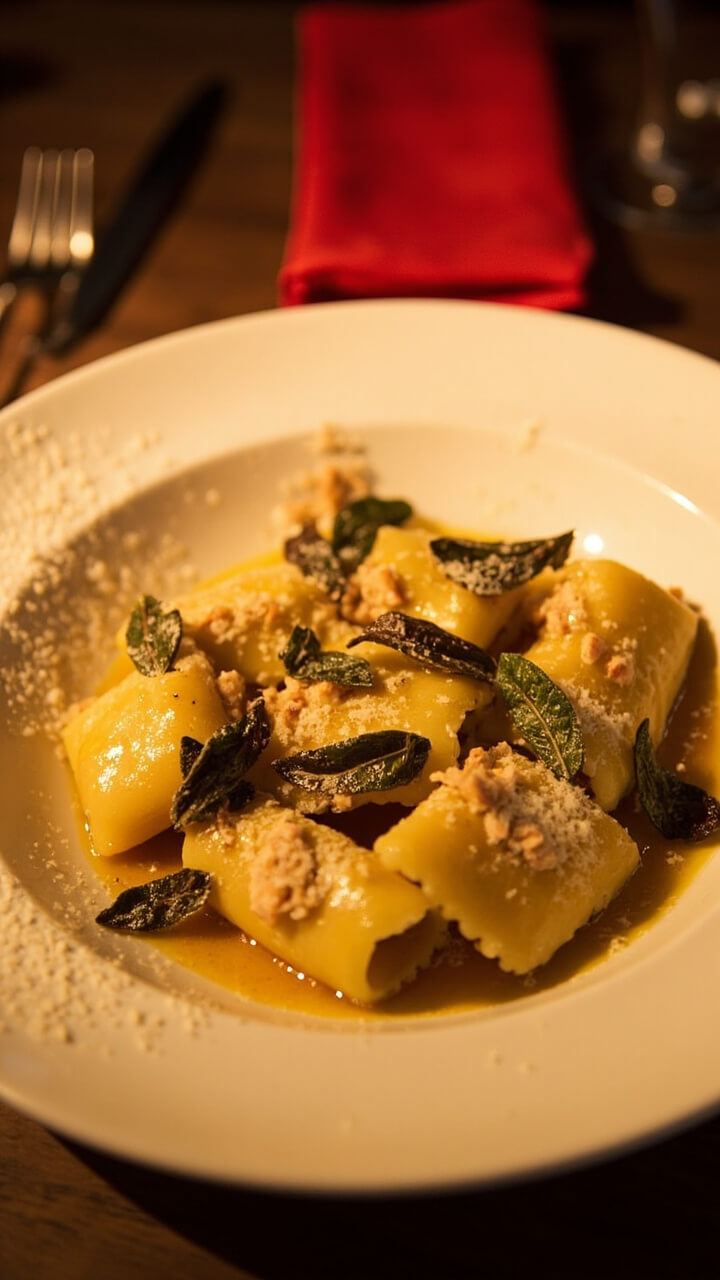 Pillowy pasta squares stuffed with crab, nestled in a shallow white dish and drizzled with golden brown butter, scattered with crisp sage leaves and a dusting of Parmesan. The table is dressed with a red napkin and silverware. Pillowy pasta squares stuffed with crab, nestled in a shallow white dish and drizzled with golden brown butter, scattered with crisp sage leaves and a dusting of Parmesan. The table is dressed with a red napkin and silverware.