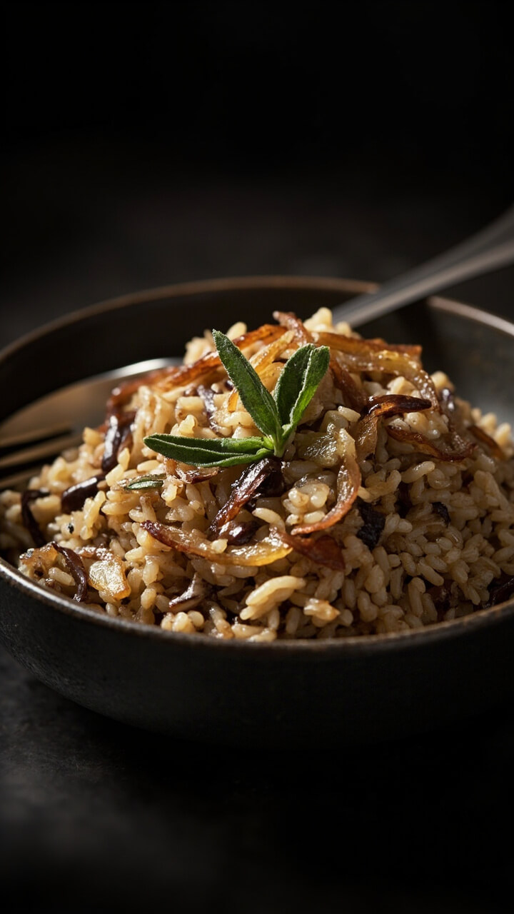 A dark ceramic bowl filled with brown rice, speckled with bits of rehydrated porcini, caramelized onions, and sage ribbons. A sprig of sage sits on top, a fork alongside.