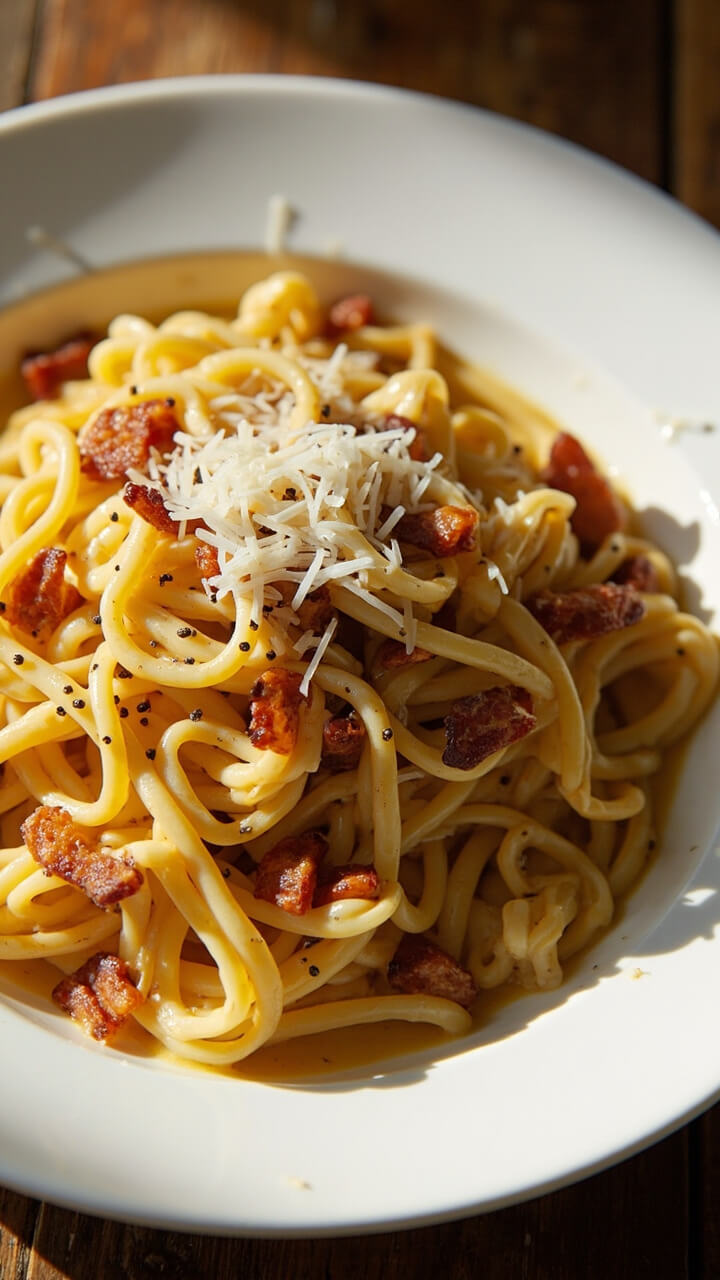 A wide white pasta plate filled with ramen noodles coated in creamy yellow carbonara sauce, flecked with crisp bacon bits and freshly cracked black pepper. A sprinkle of grated parmesan tops it off. A wide white pasta plate filled with ramen noodles coated in creamy yellow carbonara sauce, flecked with crisp bacon bits and freshly cracked black pepper. A sprinkle of grated parmesan tops it off.