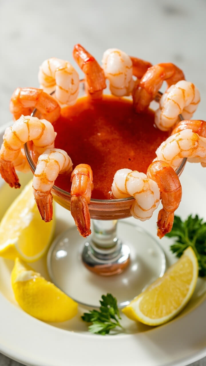 Chilled shrimp artfully arranged around the rim of a clear glass filled with zesty cocktail sauce, lemon wedges and fresh parsley sprigs on the plate. Chilled shrimp artfully arranged around the rim of a clear glass filled with zesty cocktail sauce, lemon wedges and fresh parsley sprigs on the plate.