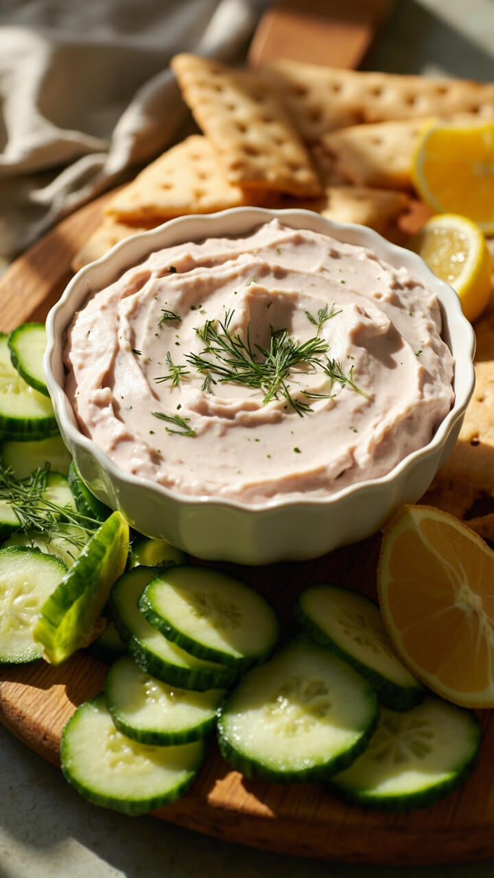A bowl of pale pink creamy dip flecked with green dill, surrounded by sliced cucumbers, crackers, and lemon wedges on a low wooden platter.