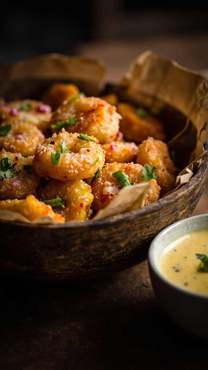 A rustic bowl lined with brown parchment filled with golden-brown corn fritters flecked with pink shrimp and green herbs, with a small dish of creamy dipping sauce beside it. A rustic bowl lined with brown parchment filled with golden-brown corn fritters flecked with pink shrimp and green herbs, with a small dish of creamy dipping sauce beside it.
