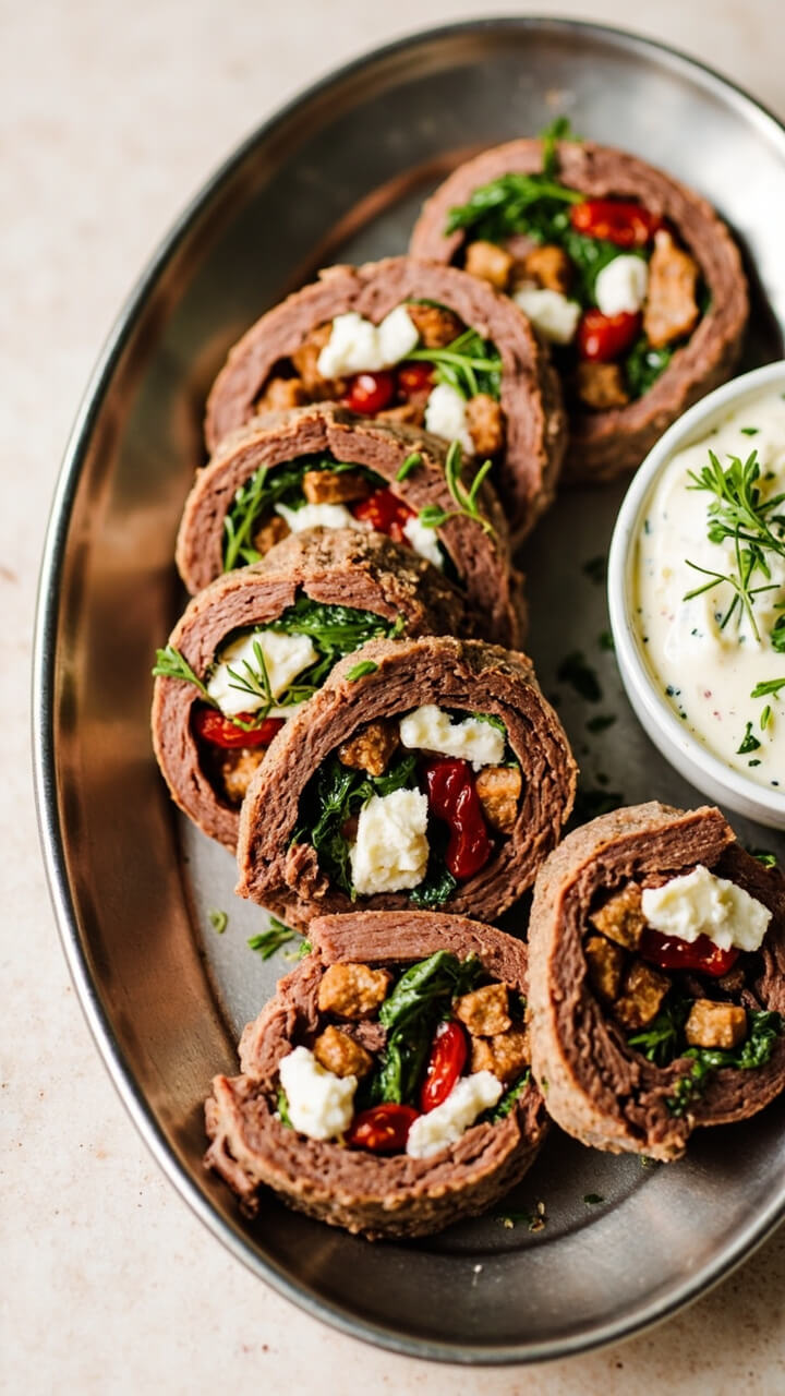 Pinwheel slices of rolled steak filled with sun-dried tomatoes, spinach, and feta, arranged in a neat row on an oval platter. A sprinkle of parsley is scattered on top. A ramekin of tzatziki sauce is off to the side.