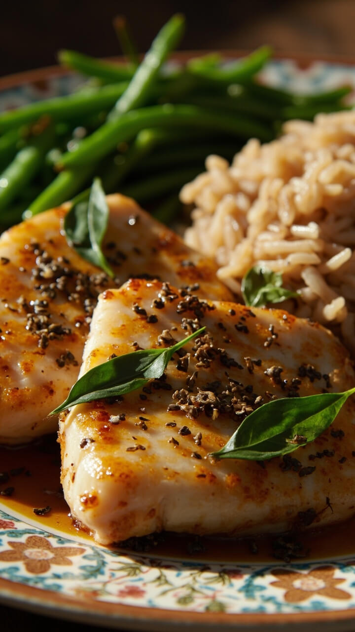 Catfish fillets with a shiny golden glaze, scattered with fresh thyme leaves, served with brown rice and green beans on a cheerful patterned dinner plate. Catfish fillets with a shiny golden glaze, scattered with fresh thyme leaves, served with brown rice and green beans on a cheerful patterned dinner plate.