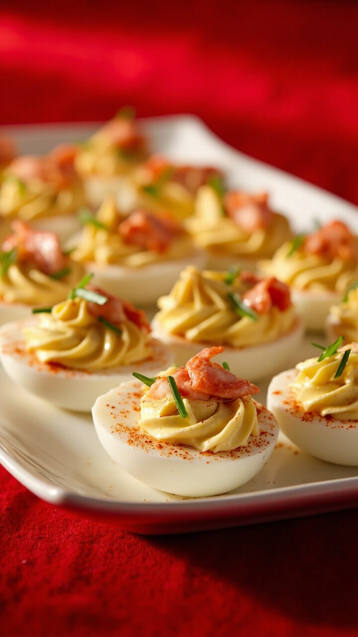 A porcelain egg platter with twelve deviled eggs, each filled with a piped, pale yellow lobster-studded yolk mixture, sprinkled with chive pieces and a pinch of smoked paprika, sat on a red tablecloth. A porcelain egg platter with twelve deviled eggs, each filled with a piped, pale yellow lobster-studded yolk mixture, sprinkled with chive pieces and a pinch of smoked paprika, sat on a red tablecloth.