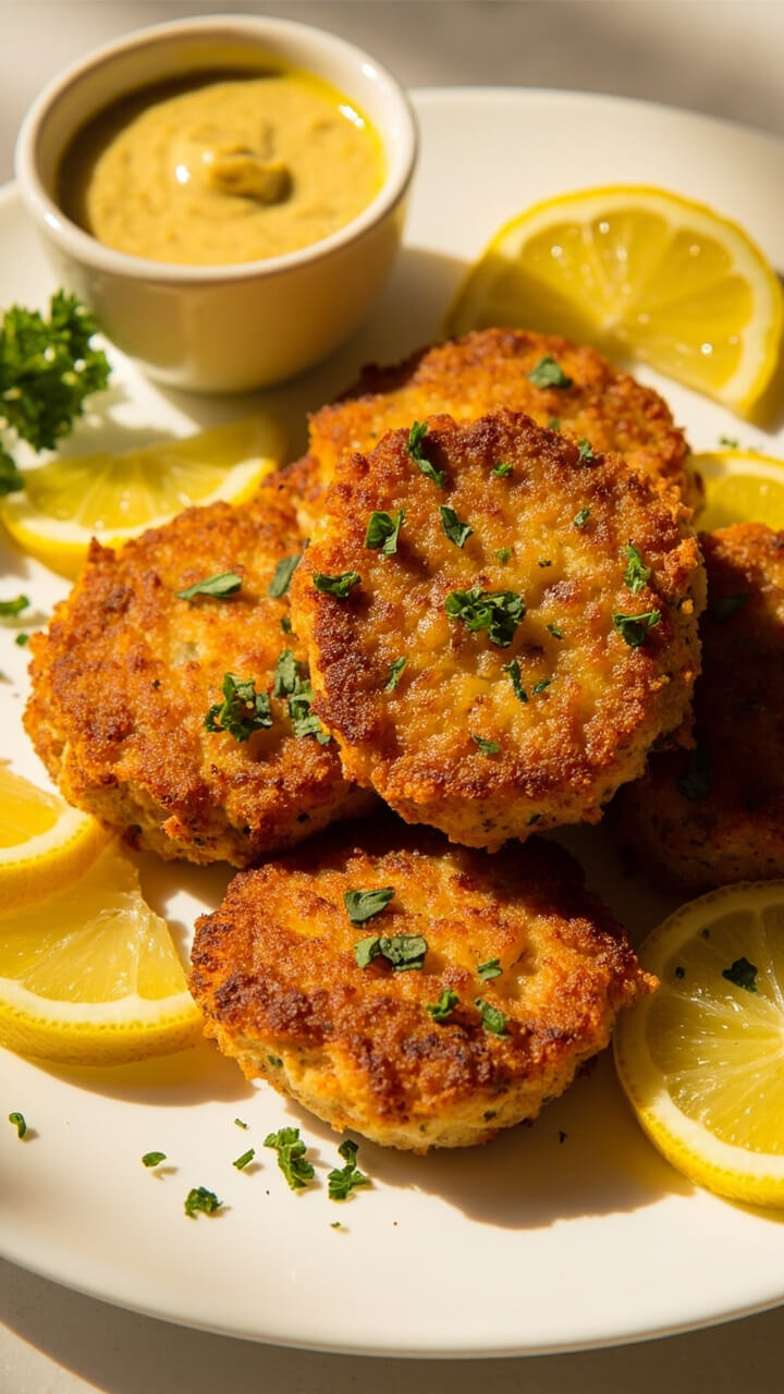 Golden brown cod cakes arranged on a round platter, garnished with slices of lemon. There’s a small bowl of creamy remoulade nearby and a scattering of finely chopped parsley over the cakes.
