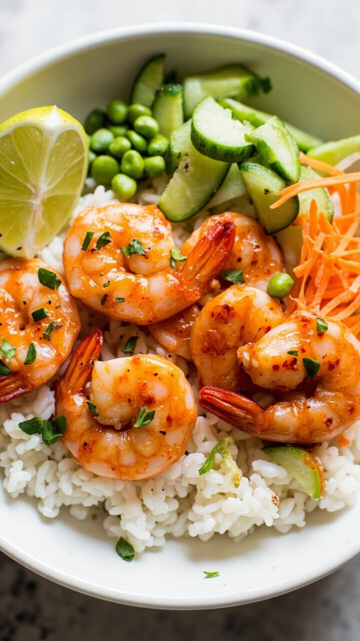 Shallow bowl of steamed white rice topped with sriracha-lime glazed shrimp, sliced cucumber, edamame, and shredded carrots, with lime wedge on the side. Shallow bowl of steamed white rice topped with sriracha-lime glazed shrimp, sliced cucumber, edamame, and shredded carrots, with lime wedge on the side.