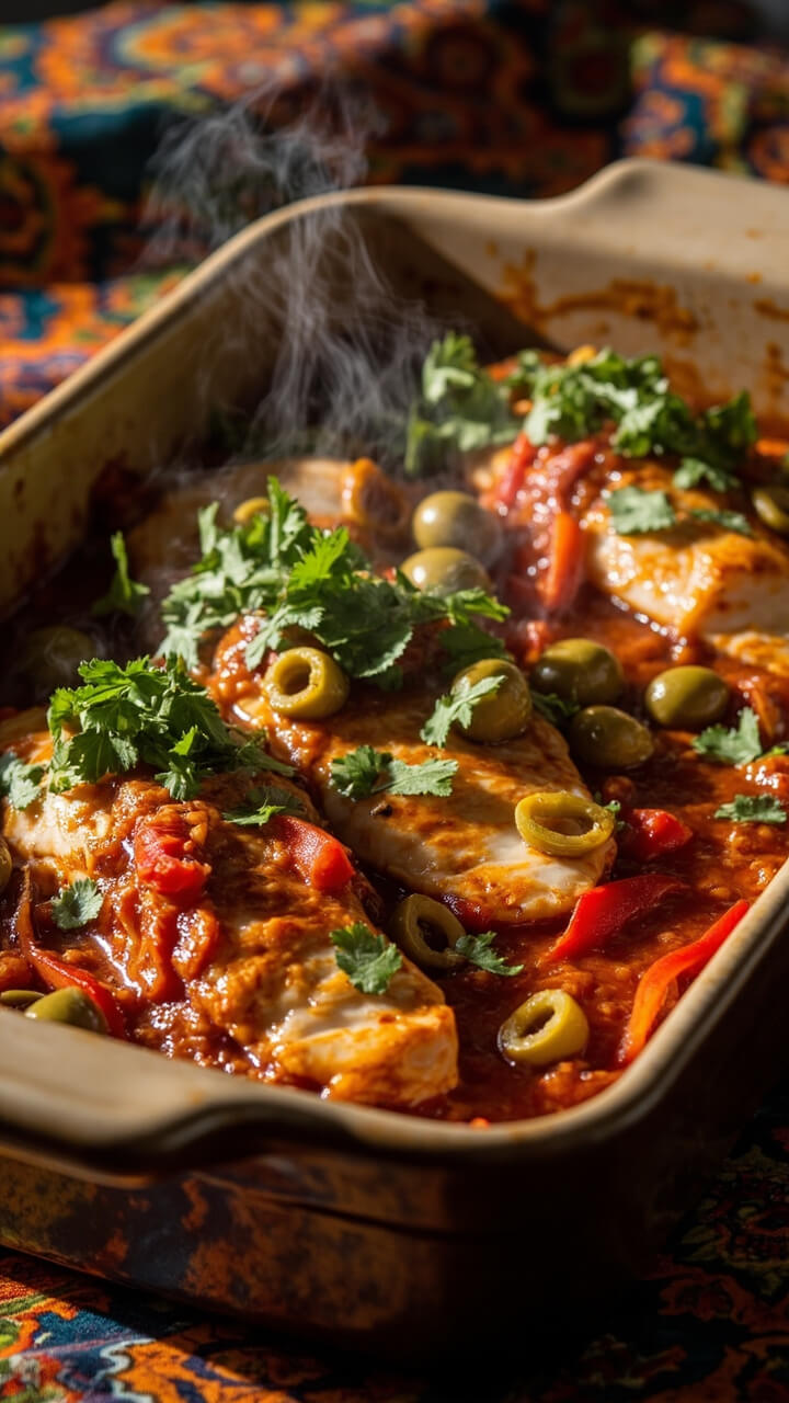 A ceramic baking dish of catfish fillets with chunky red tomato sauce, sliced green olives, red pepper strips, and a sprinkling of cilantro, on a colorful patterned cloth. A ceramic baking dish of catfish fillets with chunky red tomato sauce, sliced green olives, red pepper strips, and a sprinkling of cilantro, on a colorful patterned cloth.