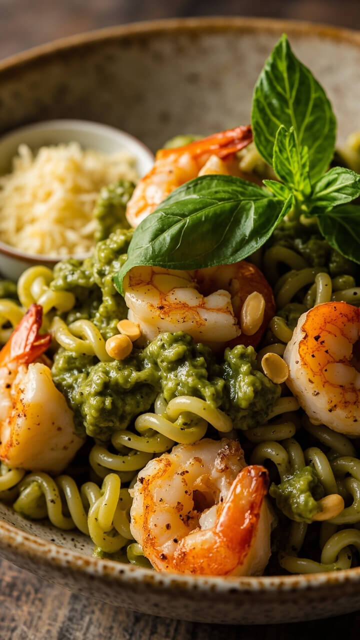 Rotini pasta turned in bright green pesto cream, topped with juicy shrimp and scallops. Toasted pine nuts and fresh basil leaves are scattered over the dish in a speckled bowl, with grated Parmesan on the side.