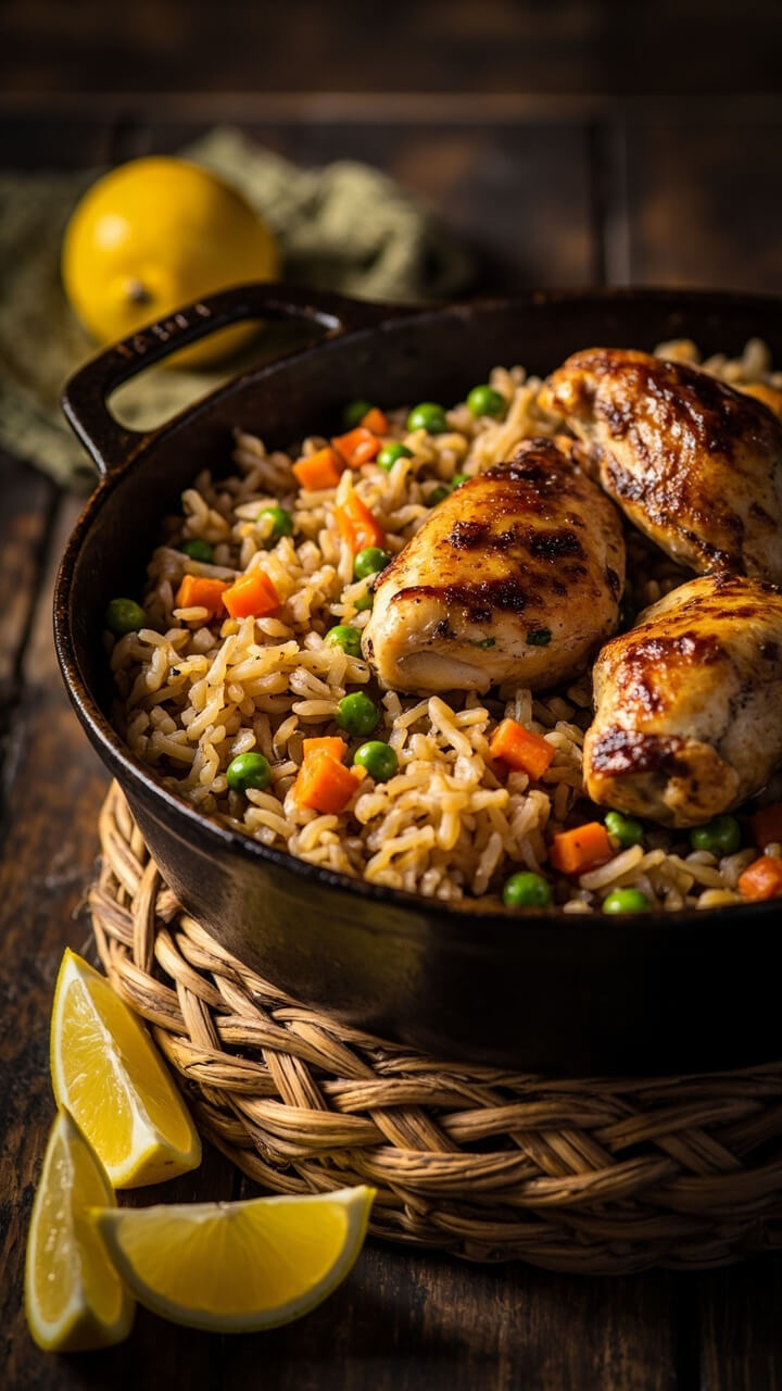 A rustic skillet filled with golden brown chicken thighs sitting atop fluffy seasoned rice, speckled with peas and carrots. The pan is set on a trivet with a couple of lemon wedges alongside for brightness. A rustic skillet filled with golden brown chicken thighs sitting atop fluffy seasoned rice, speckled with peas and carrots. The pan is set on a trivet with a couple of lemon wedges alongside for brightness.