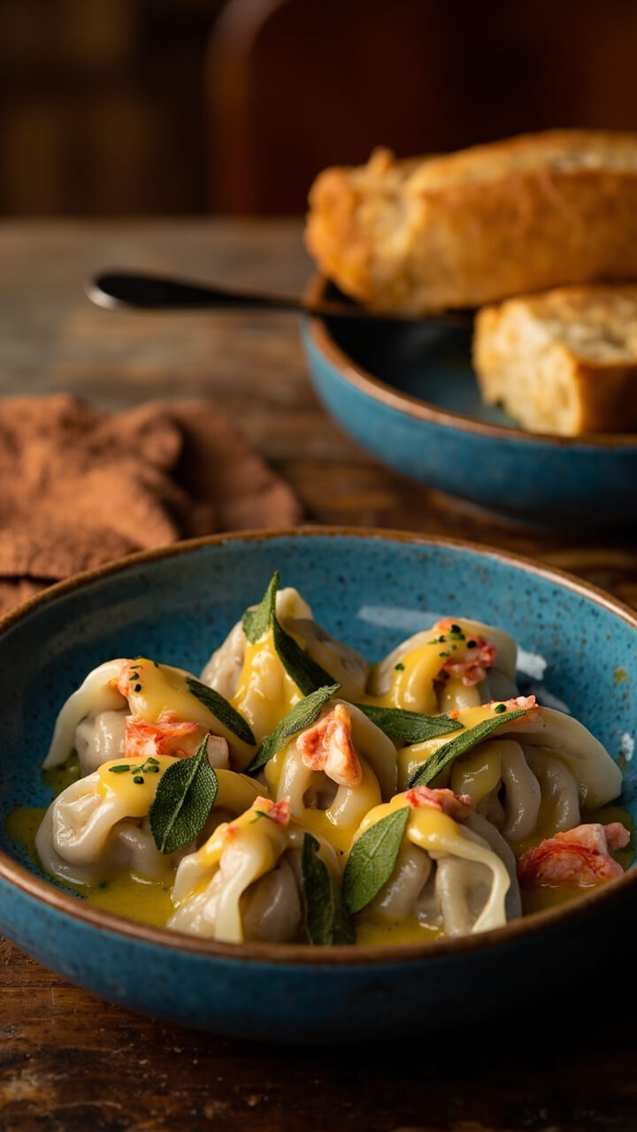 Deep blue ceramic plates holding 6 fat ravioli, drizzled with golden brown butter sauce and scattered fresh sage leaves, small lobster chunks dotting the top, with a crusty bread roll on the side. Deep blue ceramic plates holding 6 fat ravioli, drizzled with golden brown butter sauce and scattered fresh sage leaves, small lobster chunks dotting the top, with a crusty bread roll on the side.