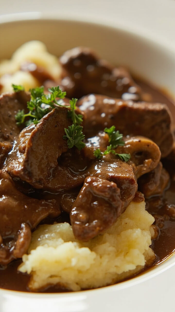 Tender chunks of sirloin steak nestled in creamy mushroom gravy, ladled onto buttery mashed potatoes in a white shallow bowl, sprinkled with chopped parsley. Tender chunks of sirloin steak nestled in creamy mushroom gravy, ladled onto buttery mashed potatoes in a white shallow bowl, sprinkled with chopped parsley.