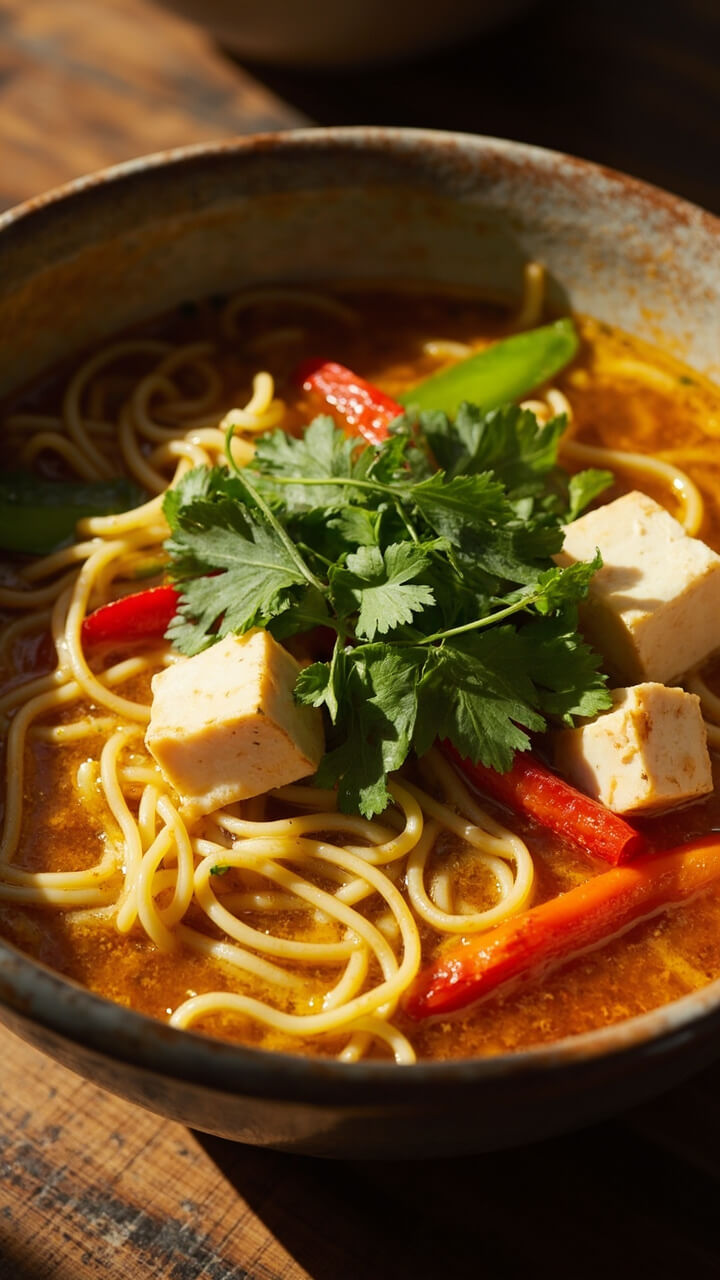 Dreamy golden coconut broth packed with ramen noodles, strips of red bell pepper, cubes of tofu, snow peas, and a sprinkle of fresh cilantro in a wide soup bowl. Dreamy golden coconut broth packed with ramen noodles, strips of red bell pepper, cubes of tofu, snow peas, and a sprinkle of fresh cilantro in a wide soup bowl.