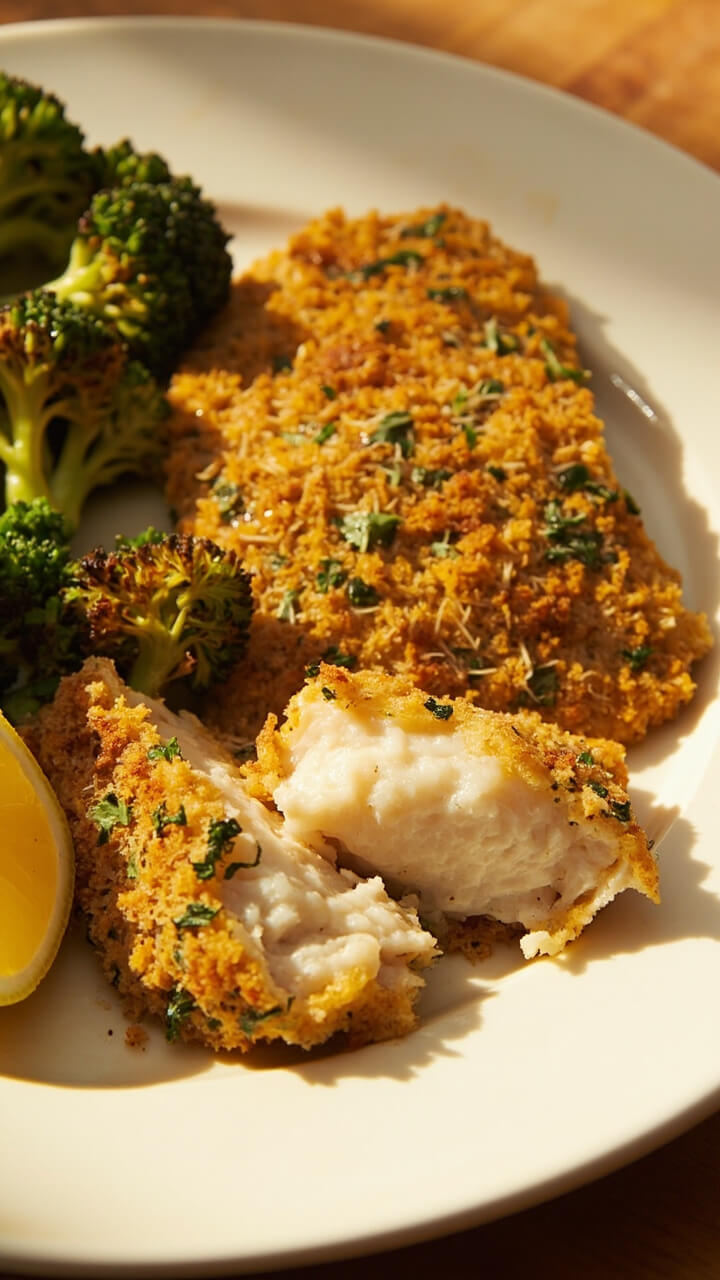 Golden Parmesan herb crusted fillets sitting on a white rimmed plate. The crust is crisp and flecked with green parsley and grated cheese, with a side of roasted broccoli and a wedge of lemon. The inside of the fish looks moist and flaky. Golden Parmesan herb crusted fillets sitting on a white rimmed plate. The crust is crisp and flecked with green parsley and grated cheese, with a side of roasted broccoli and a wedge of lemon. The inside of the fish looks moist and flaky.