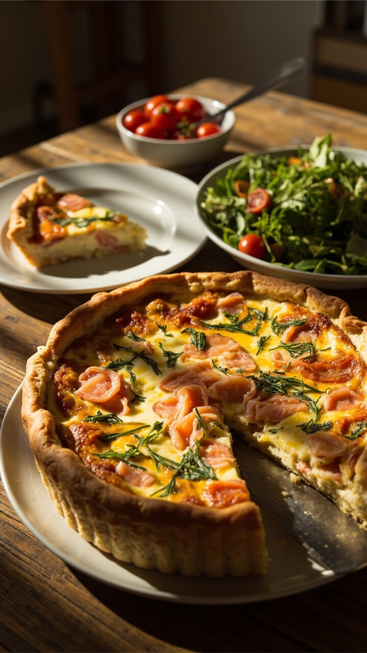 A golden, deep-dish quiche filled with smoked salmon and flecks of green herbs, served in wedges on a farmhouse table with a simple side salad.