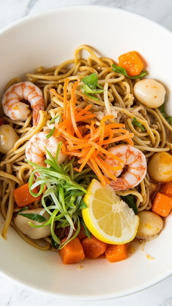 Clear broth dotted with plump shrimp, baby scallops, ramen noodles, thin carrot ribbons, and green onion, finished with a slice of lemon on the side, all in a glossy white bowl. Clear broth dotted with plump shrimp, baby scallops, ramen noodles, thin carrot ribbons, and green onion, finished with a slice of lemon on the side, all in a glossy white bowl.