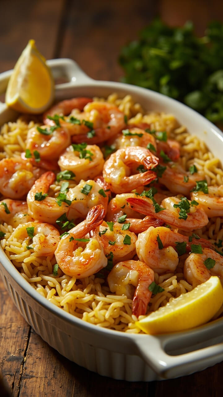 A white baking dish layered with golden seasoned rice, juicy shrimp shimmering in garlic butter, and parsley scattered on top. Lemon wedges on the side brighten the scene.