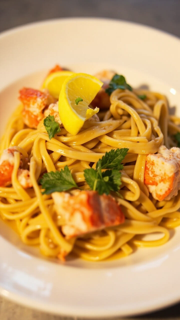 A swirl of linguine tossed in glossy lemon-garlic butter, topped with pink lobster meat and bright parsley, arranged in a shallow pasta bowl with a twist of lemon on the rim. A swirl of linguine tossed in glossy lemon-garlic butter, topped with pink lobster meat and bright parsley, arranged in a shallow pasta bowl with a twist of lemon on the rim.