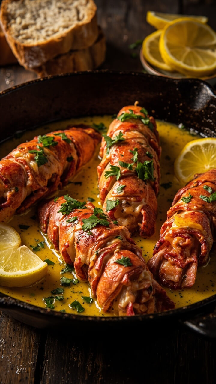 A cast-iron skillet of pink langostino lobster tails in glistening garlic butter sauce, sprinkled with finely chopped parsley, lemon rounds on the side, served with crusty bread.